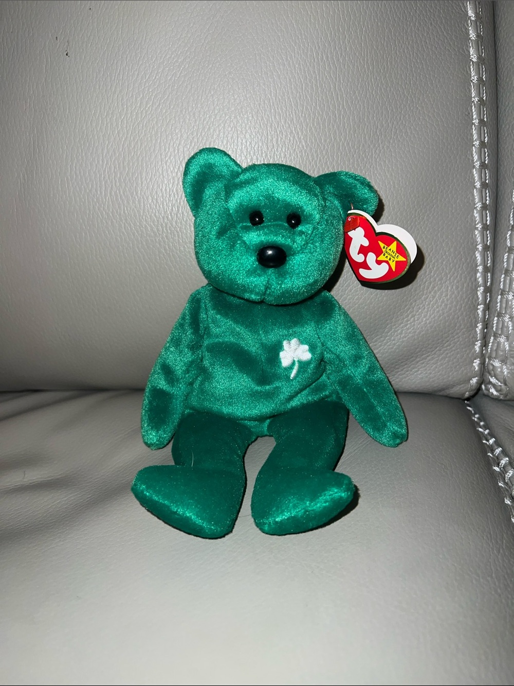 Erin the Bear Green Plush Beanie Baby with White Shamrock Embroidery